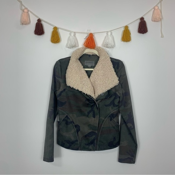 Anthropologie Marrakech Sherpa Collar Green Camo Moto Jacket Size Small - Picture 2 of 15